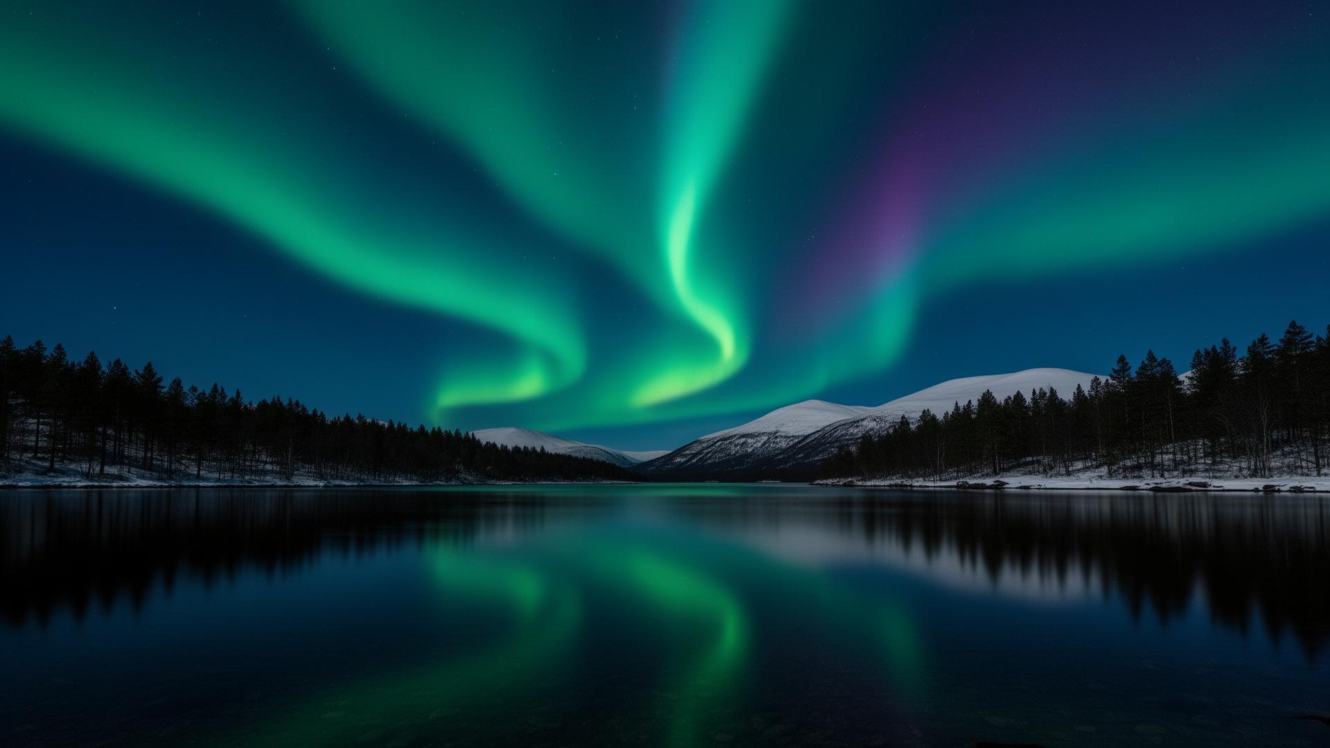 Aurora borealis over a Nordic fjord