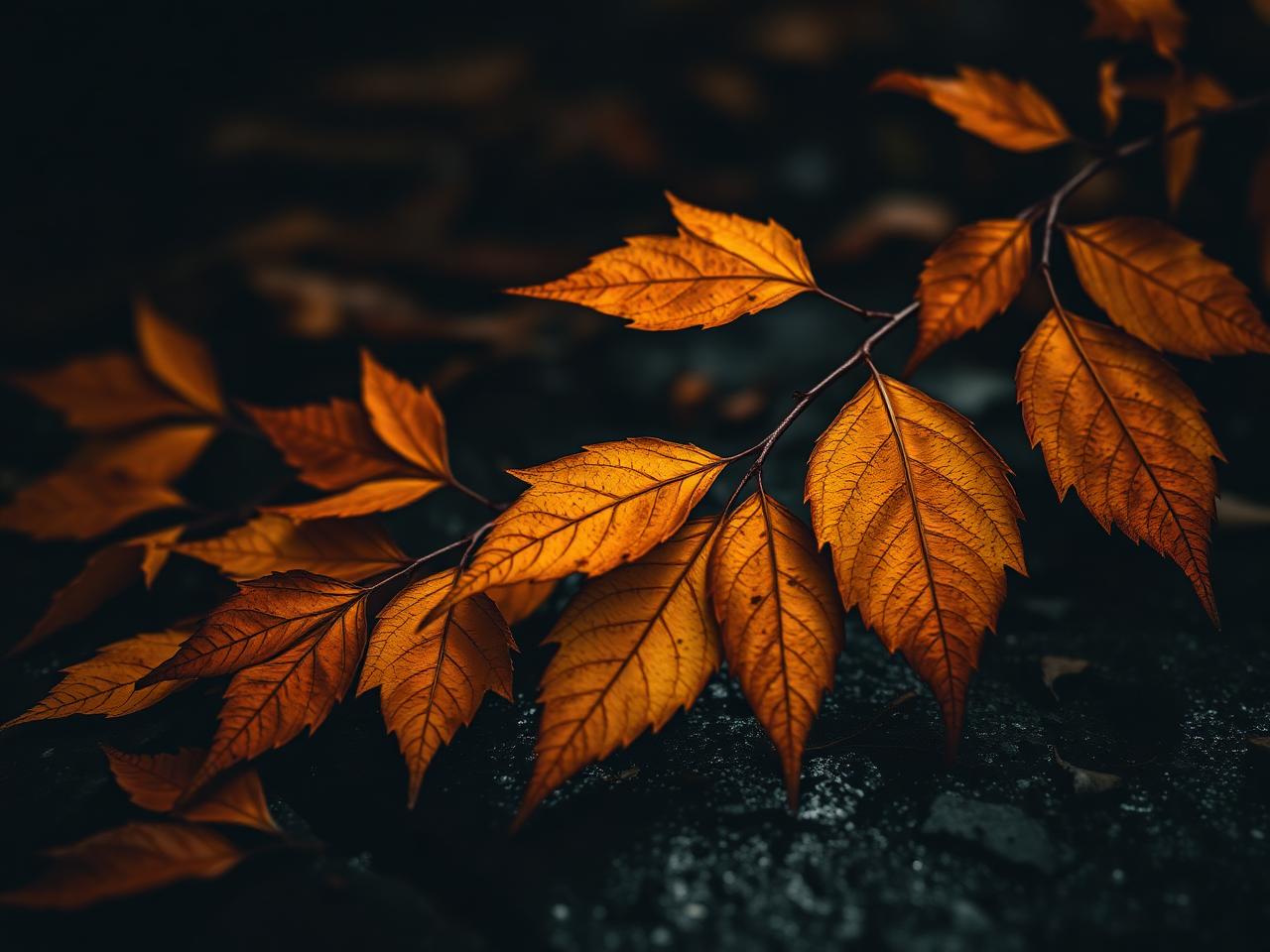 Golden autumn leaves on dark stone