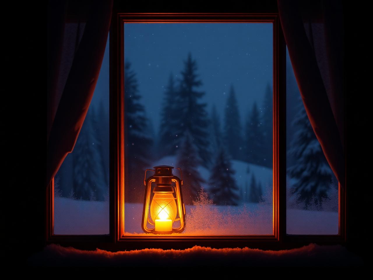 Warm lantern in a Nordic cabin window at night